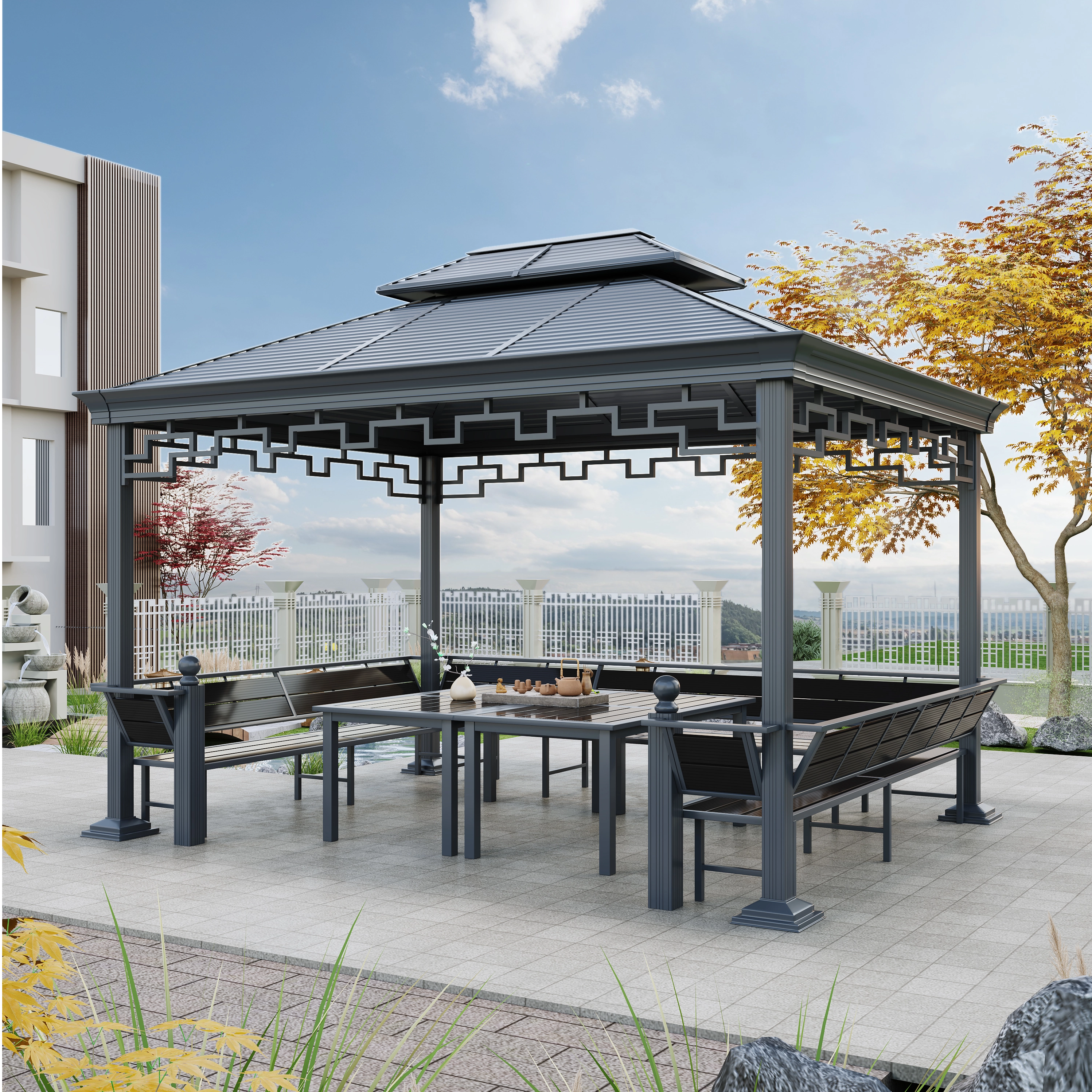 3*4m moderner Gartenpavillon mit Sitz und Tisch 